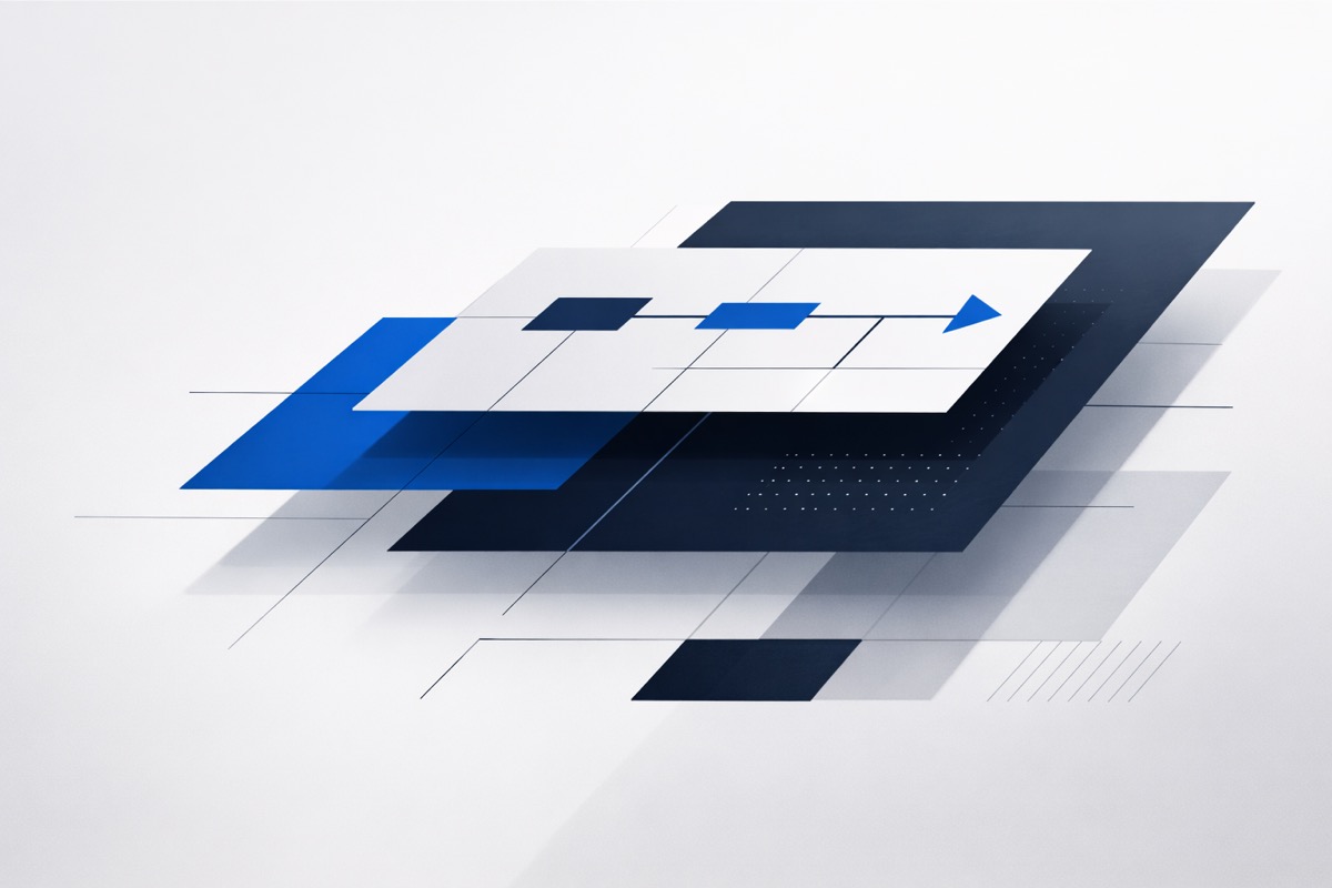 Abstrakte Systemarchitektur mit überlagerten Ebenen in Blau