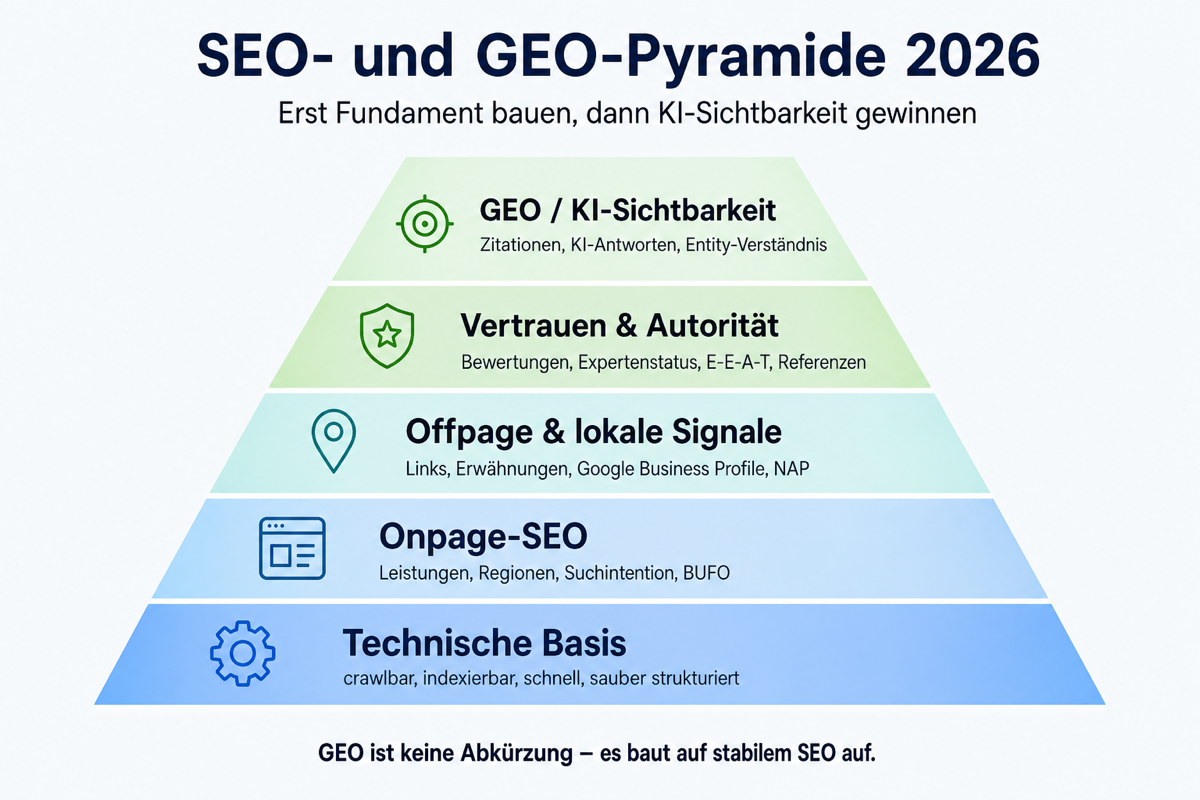SEO- und GEO-Pyramide 2026 von digitalreach und Pitt Berger: technische Basis, Onpage-SEO, Offpage-Signale, Vertrauen und GEO/KI-Sichtbarkeit